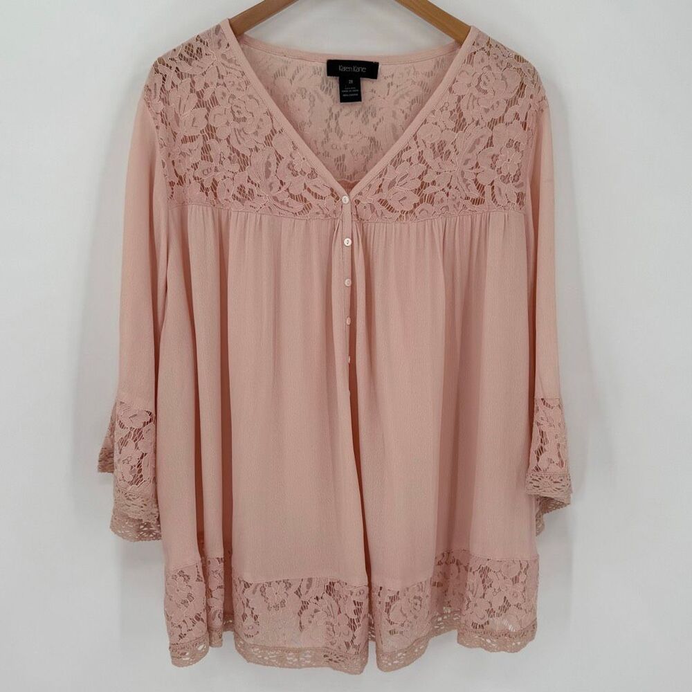Karen Kane Lace Inset Top Semi Sheer Button Up V-Neck Pink Plus Women 2X New